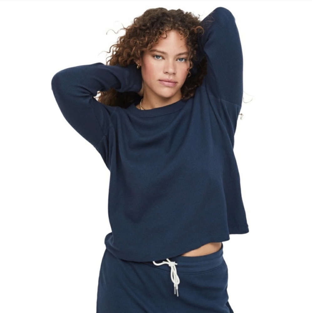 Mate The Label Organic Thermal Waffle Long Sleeve Crew Navy Size 2X